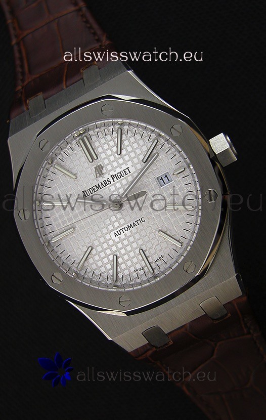 IMG_9085 Audemars Piguet Royal Oak 41MM Silver Dial Leather Strap - 1:1 Mirror Ultimate Edition Replica 2