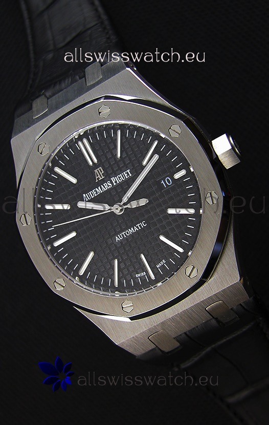 IMG_9085 Audemars Piguet Royal Oak 41MM Black Dial Leather Strap - 1:1 Mirror Ultimate Edition Replica 2