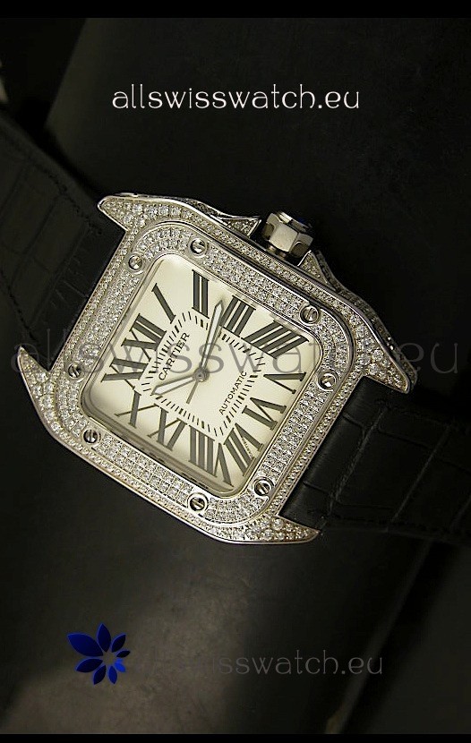 IMG_9085 Cartier Santos 100 1:1 Mirror Steel Diamonds Mens Size 42MM Replica 2