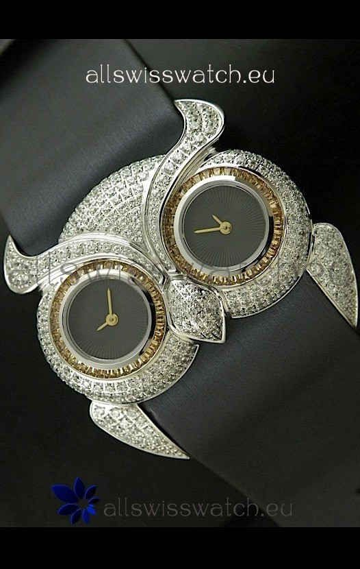 IMG_9085 Chopard Animal World Ladies Owl Black Full Diamond in Black Double Eyes Dial Replica 2