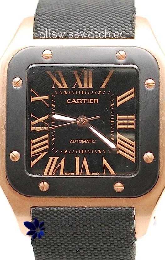 IMG_9085 Cartier Santos 100 Pink Gold in Black Dial Replica 2