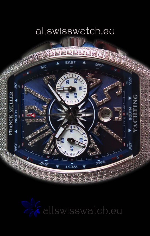 IMG_9085 Franck Muller Vanguard Chronograph 904L Steel Blue Dial with Diamonds Replica 2