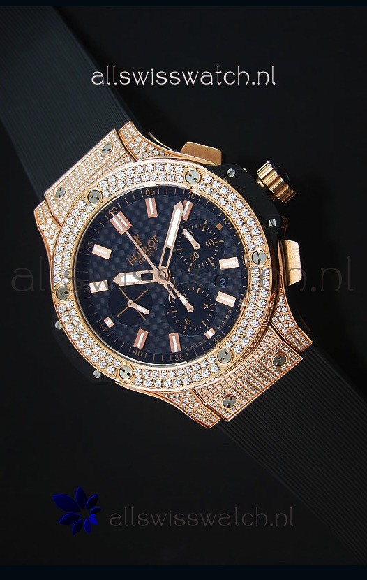 Hublot Big Bang Carbon Dial Diamonds Studded Rose Gold Replica 2