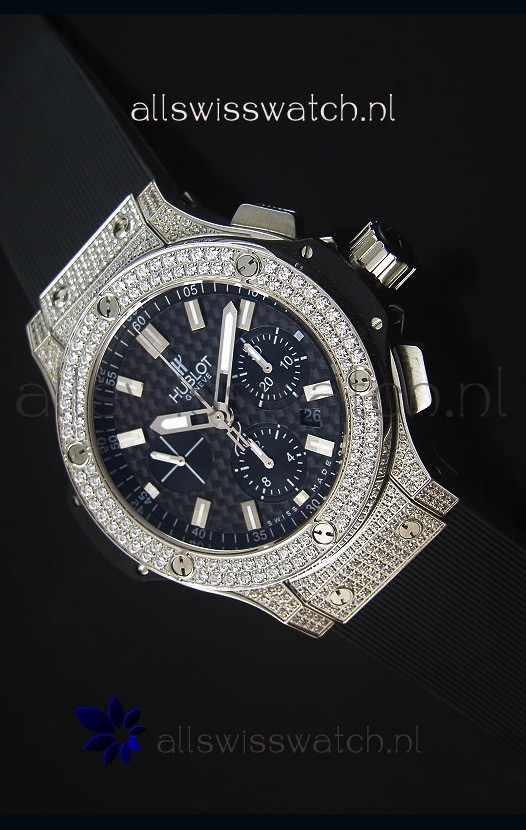 IMG_9085 Hublot Big Bang Carbon Dial Diamonds Studded Stainless Steel Replica 2
