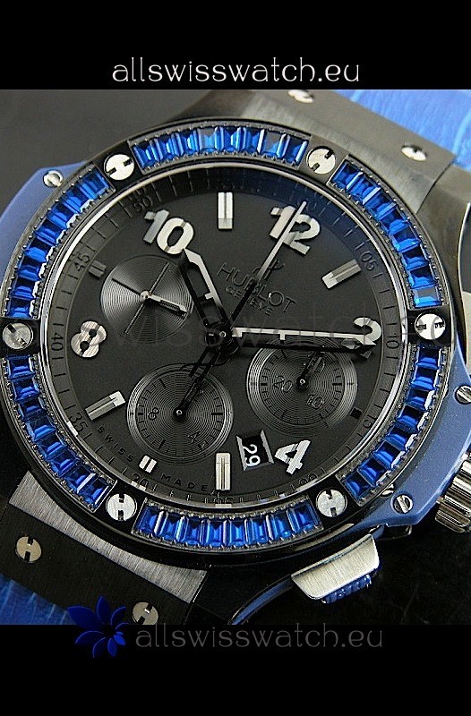 IMG_9085 Hublot Big Bang All Black Edition in Purple Strap and Baguette Diamonds Bezel Replica 2