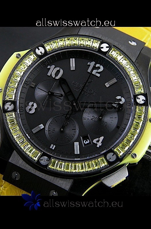 IMG_9085 Hublot Big Bang All Black Edition in Lemon Strap and Baguette Diamonds Bezel Replica 2