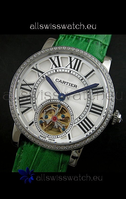 IMG_9085 Cartier Ronde de Tourbillon Diamond in Green Strap Replica 2