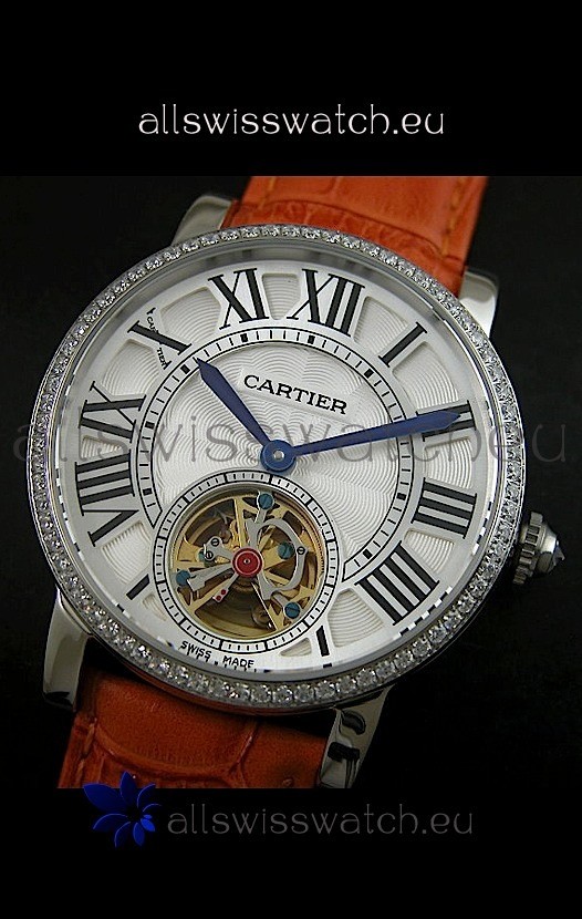 IMG_9085 Cartier Ronde de Tourbillon Diamond in Brown Strap Replica 2