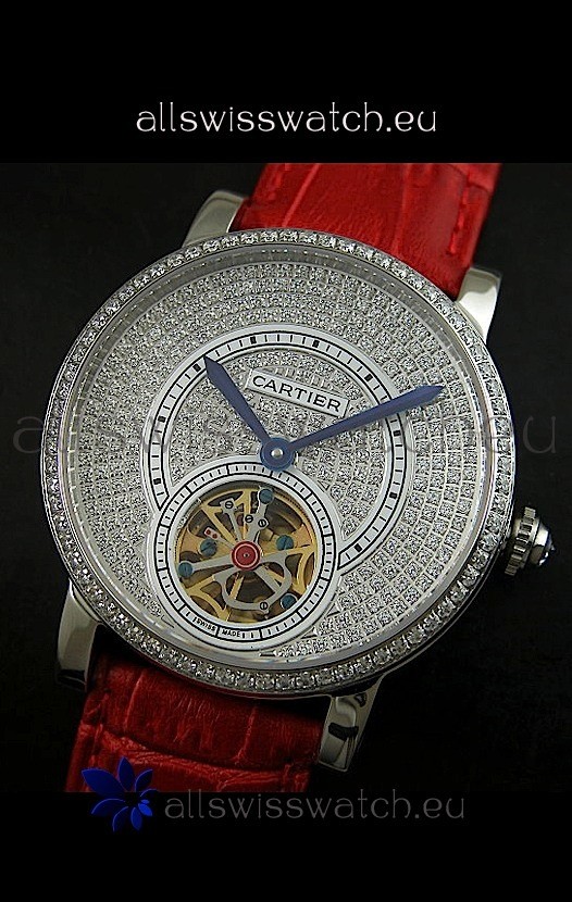 Cartier Ronde de Tourbillon Diamond in Red Strap Replica 2