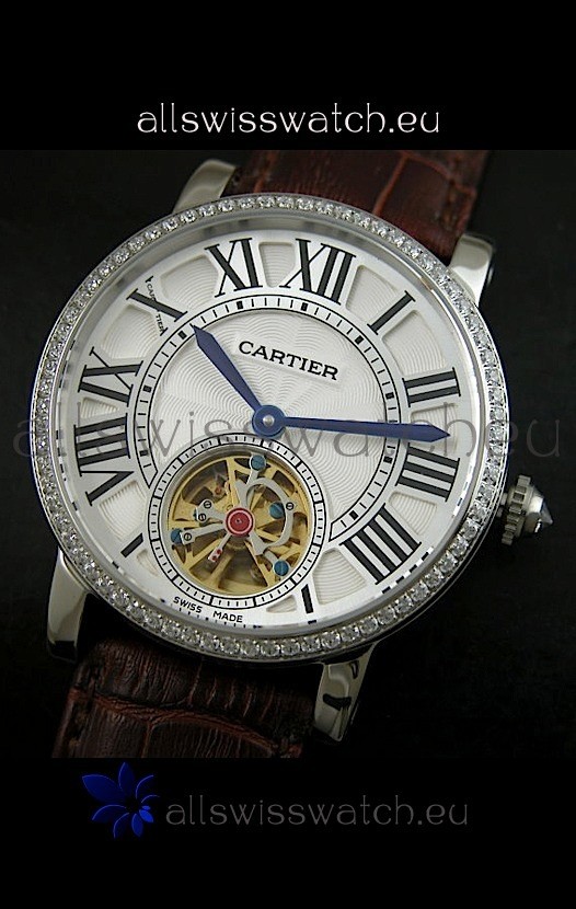 IMG_9085 Cartier Ronde de Tourbillon Diamond in Brown Strap Replica 2