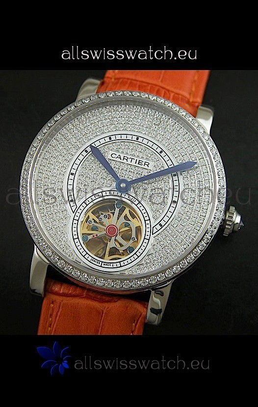 IMG_9085 Cartier Ronde de Tourbillon Diamond in Orange Strap Replica 2