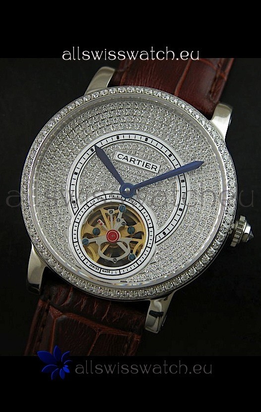 IMG_9085 Cartier Ronde de Tourbillon Diamond in Brown Strap Replica 2