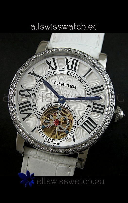 IMG_9085 Cartier Ronde de Tourbillon Diamond in White Strap Replica 2