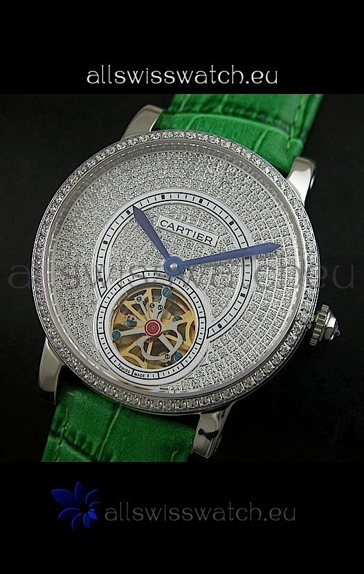 IMG_9085 Cartier Ronde de Tourbillon Diamond in Green Strap Replica 2