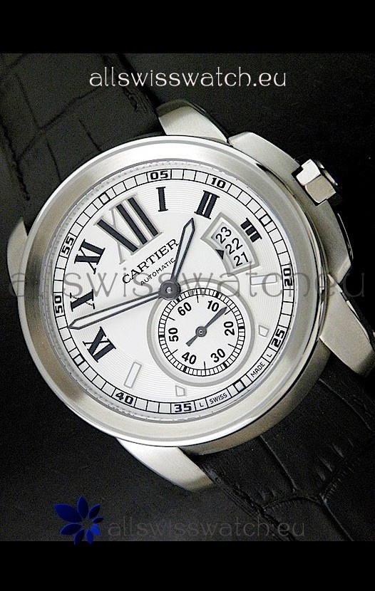 IMG_9085 Cartier Calibre de Steel in Black Leather Strap Replica 2