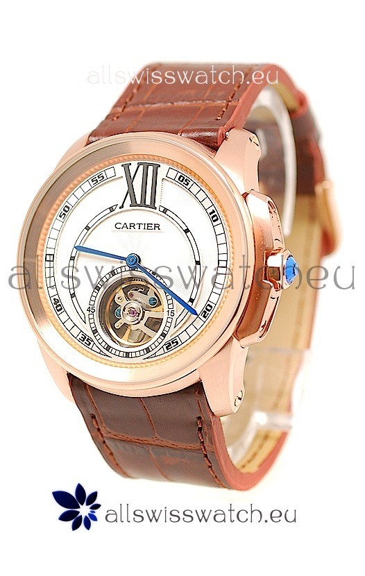 Calibre de Cartier Flying Tourbillon Rose Gold in Brown Strap Replica 2