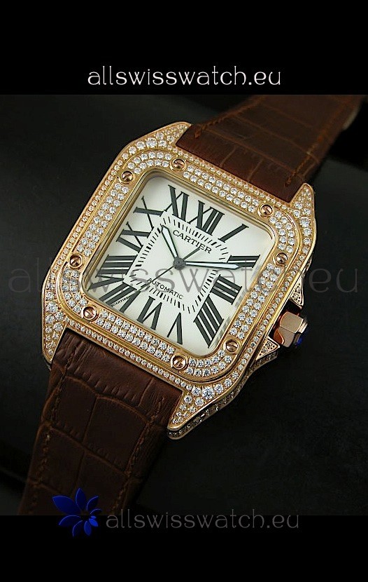 IMG_9086 Cartier Santos 100 1:1 Mirror Rose Gold Diamonds 42MM 3