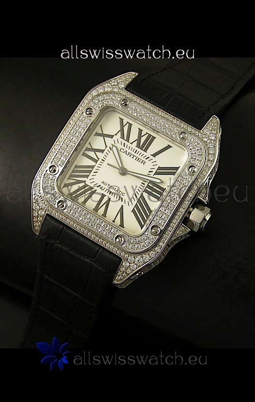 IMG_9086 Cartier Santos 100 1:1 Mirror Steel Diamonds Mens Size 42MM 3