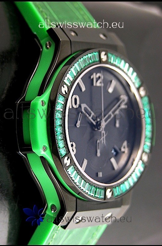 IMG_9086 Hublot Big Bang All Black Edition in Green Strap and Baguette Diamonds Bezel 3