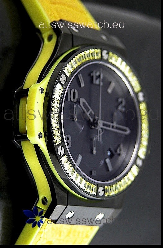 IMG_9086 Hublot Big Bang All Black Edition in Lemon Strap and Baguette Diamonds Bezel 3