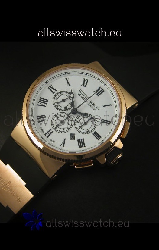 IMG_9086 Ulysse Nardin Marine Chronograph Rose Gold White Roman Black Dial - 1:1 Mirror 3