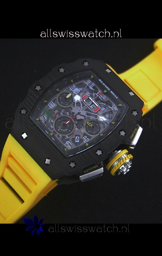 IMG_9086 Richard Mille RM011-03 One Piece Black Forged Carbon Case in Yellow Strap 3