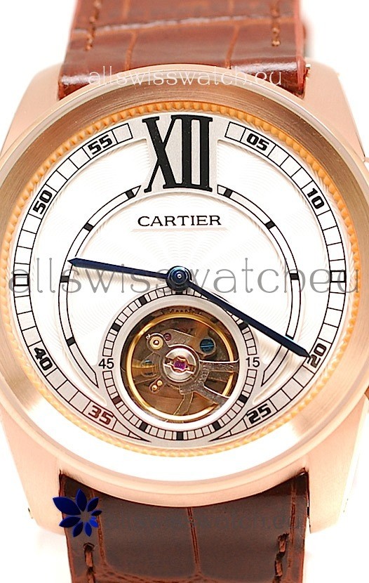 Calibre de Cartier Flying Tourbillon Rose Gold in Brown Strap 3