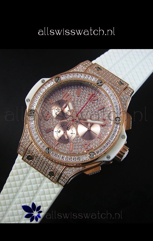 IMG_9086 Hublot Big Bang Rose Gold Quartz Movement in White Strap 3