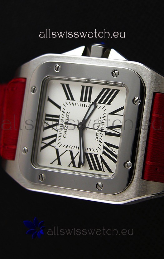 IMG_9081 Cartier Santos De Cartier 1:1 Mirror Red Strap 33MM Ladies Replica 4