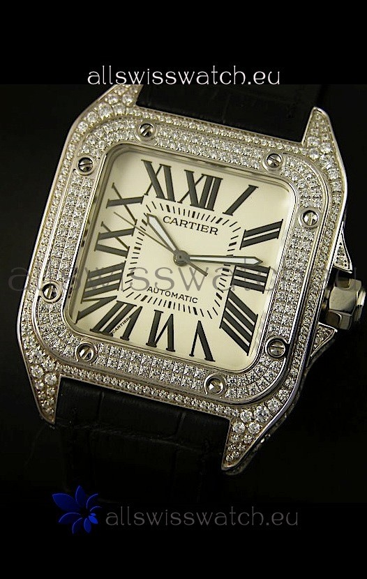 IMG_9081 Cartier Santos 100 1:1 Mirror Steel Diamonds Mens Size 42MM Replica 4