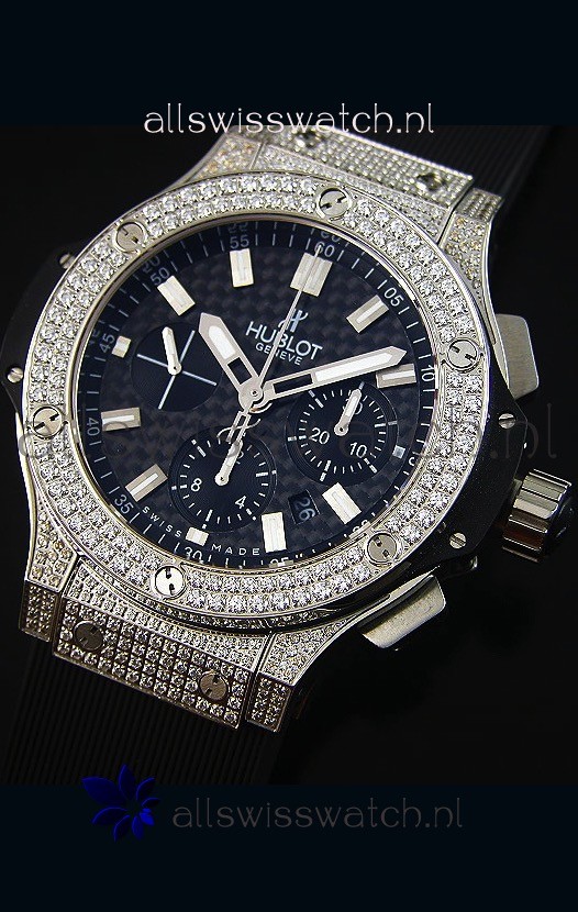 IMG_9081 Hublot Big Bang Carbon Dial Diamonds Studded Stainless Steel Replica 4