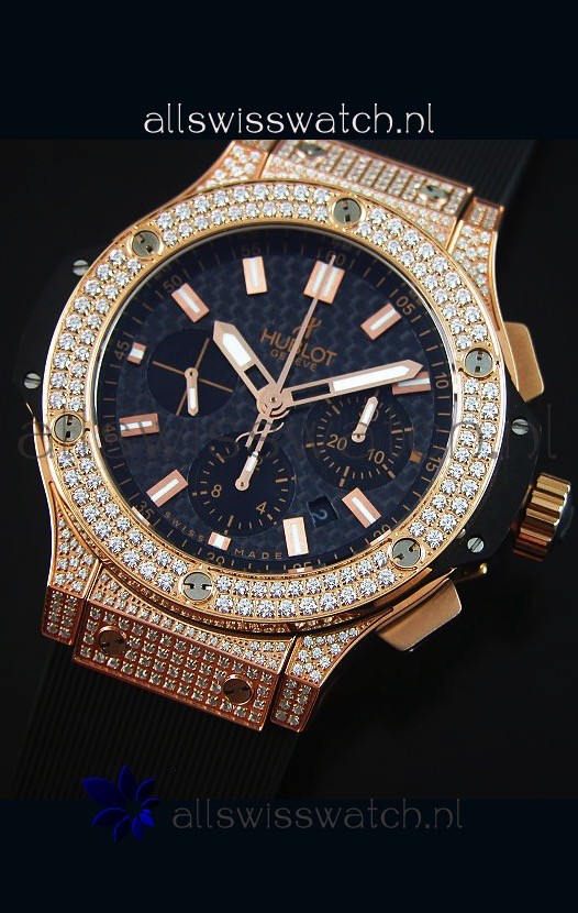 Hublot Big Bang Carbon Dial Diamonds Studded Rose Gold Replica 4