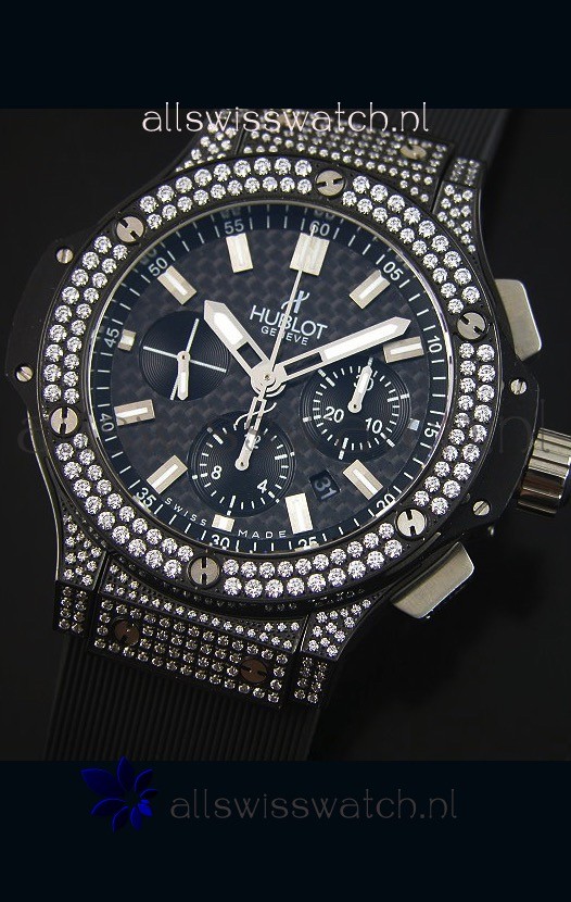 IMG_9081 Hublot Big Bang Carbon Dial Diamonds Studded PVD Case Replica 4