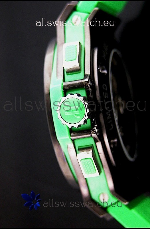 IMG_9081 Hublot Big Bang All Black Edition in Green Strap and Baguette Diamonds Bezel Replica 4