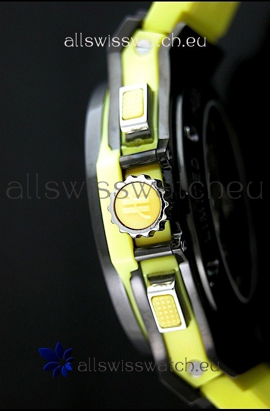 IMG_9081 Hublot Big Bang All Black Edition in Lemon Strap and Baguette Diamonds Bezel Replica 4
