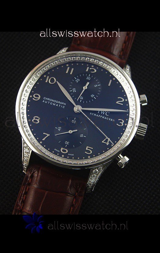 IMG_9081 IWC Portuguese Chronograph Black Dial Brown Strap with Diamonds 1:1 Mirror Replica 4
