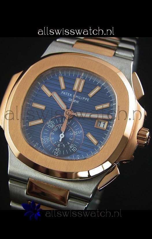 IMG_9081 Patek Philippe Nautilus 5980 Chronograph Two Tone Case Blue dial - 1:1 Mirror Replica 4