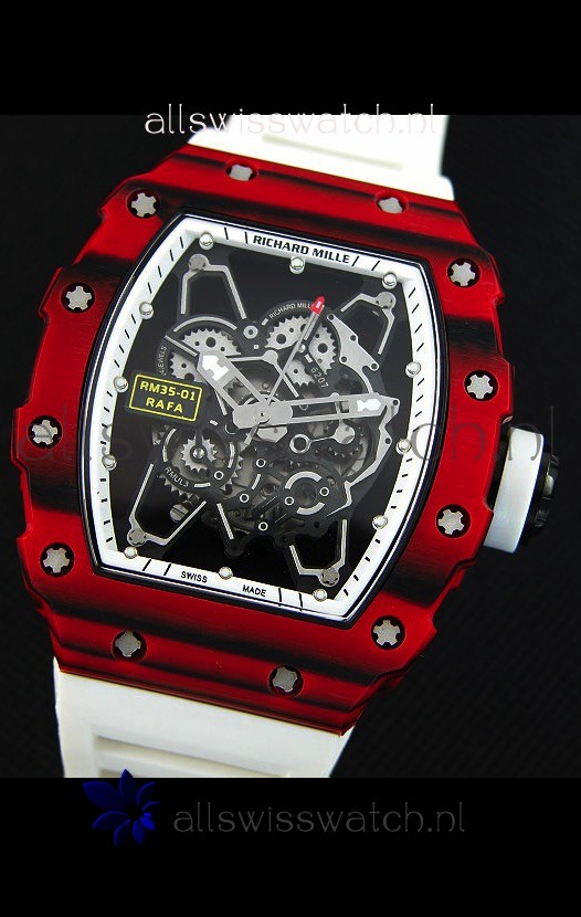 IMG_9081 Richard Mille RM35-01 One Piece Red Forged Carbon Case in White Strap Replica 4