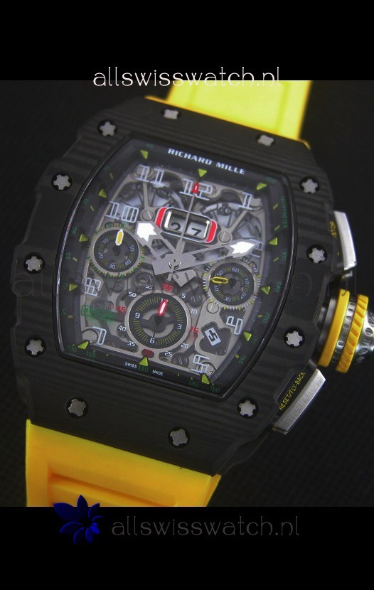 IMG_9081 Richard Mille RM011-03 One Piece Black Forged Carbon Case in Yellow Strap Replica 4