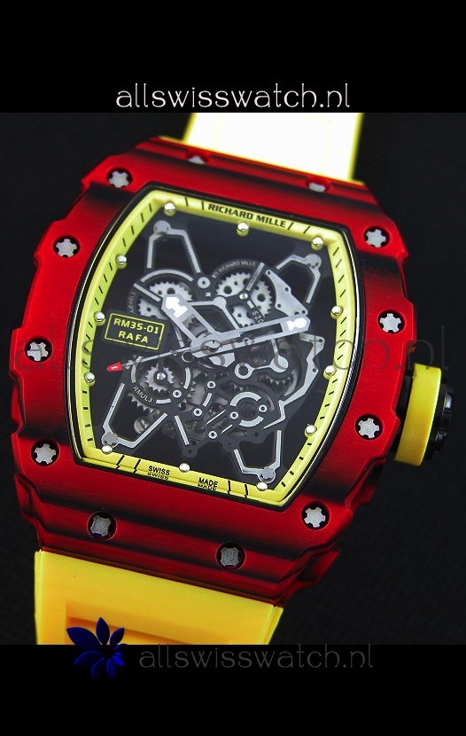 IMG_9081 Richard Mille RM35-01 One Piece Red Forged Carbon Case in Yellow Strap Replica 4