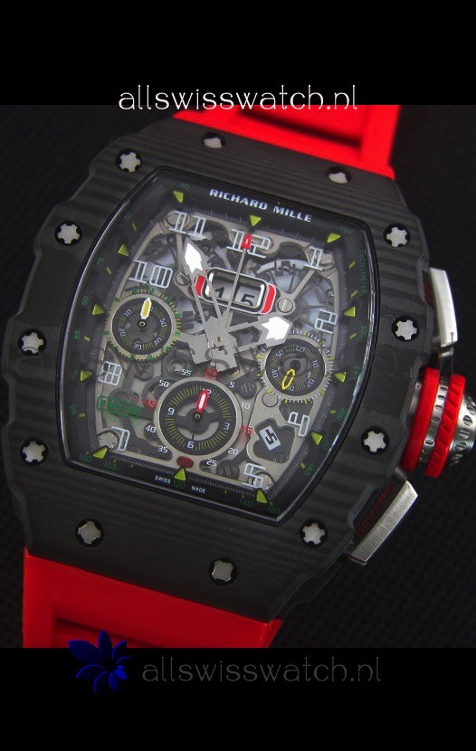 IMG_9081 Richard Mille RM011-03 One Piece Black Forged Carbon Case in Red Strap Replica 4