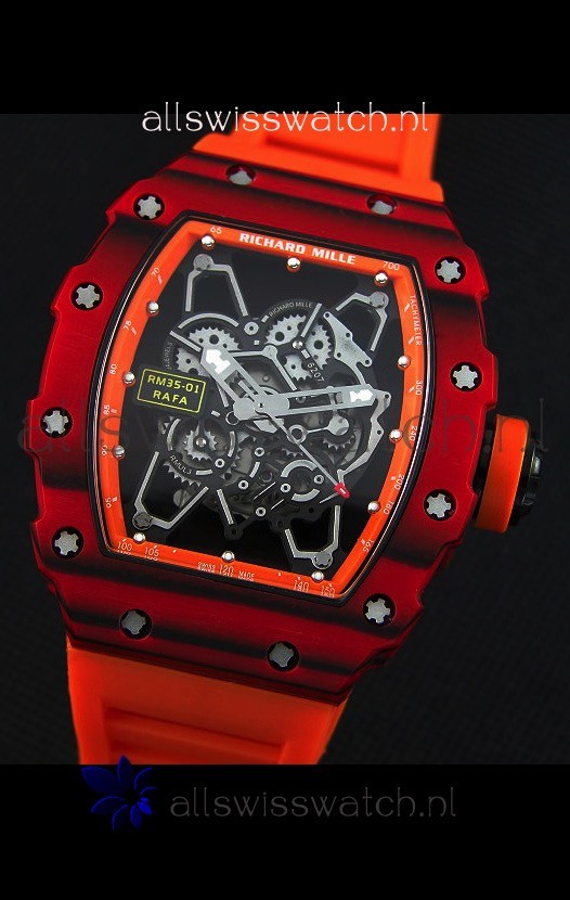IMG_9081 Richard Mille RM35-01 One Piece Red Forged Carbon Case in Orange Strap Replica 4