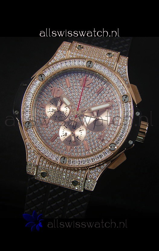 IMG_9081 Hublot Big Bang Rose Gold Quartz Movement in Black Strap Replica 4