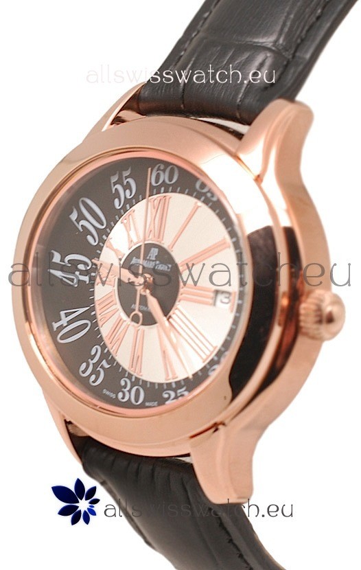 IMG_9081 Audemars Piguet Millenary Hour and Minute Swiss Rose Gold in Black Strap Replica 5