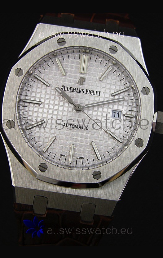 IMG_9081 Audemars Piguet Royal Oak 41MM Silver Dial Leather Strap - 1:1 Mirror Ultimate Edition Replica 5