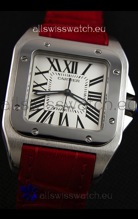IMG_9081 Cartier Santos De Cartier 1:1 Mirror Red Strap 33MM Ladies Replica 5