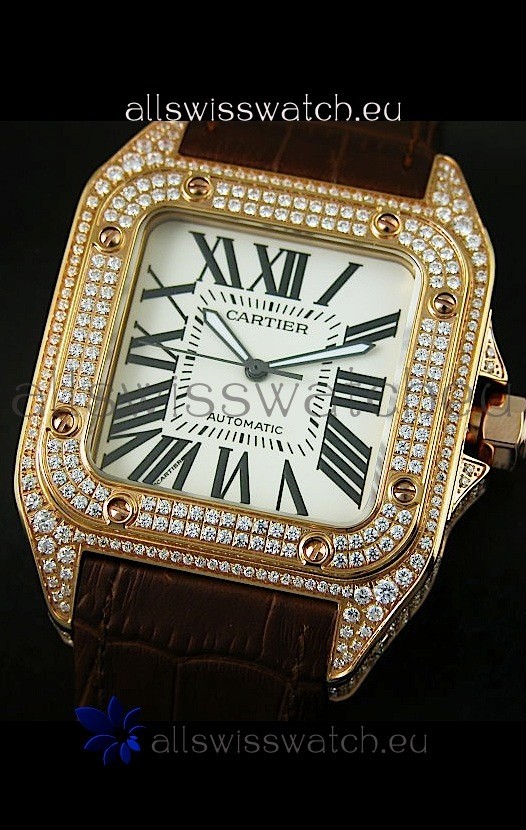 IMG_9081 Cartier Santos 100 1:1 Mirror Rose Gold Diamonds 42MM Replica 5