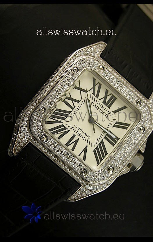 IMG_9081 Cartier Santos 100 1:1 Mirror Steel Diamonds Mens Size 42MM Replica 5