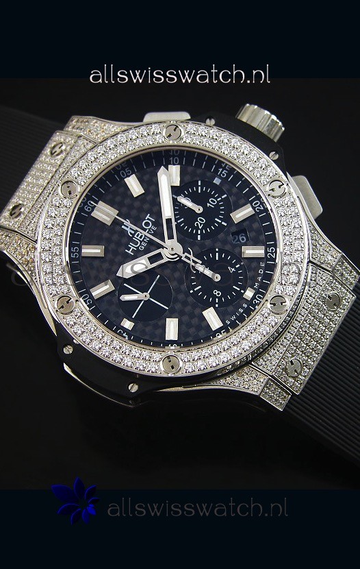 IMG_9081 Hublot Big Bang Carbon Dial Diamonds Studded Stainless Steel Replica 5