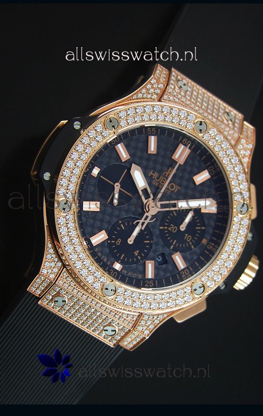 Hublot Big Bang Carbon Dial Diamonds Studded Rose Gold Replica 5